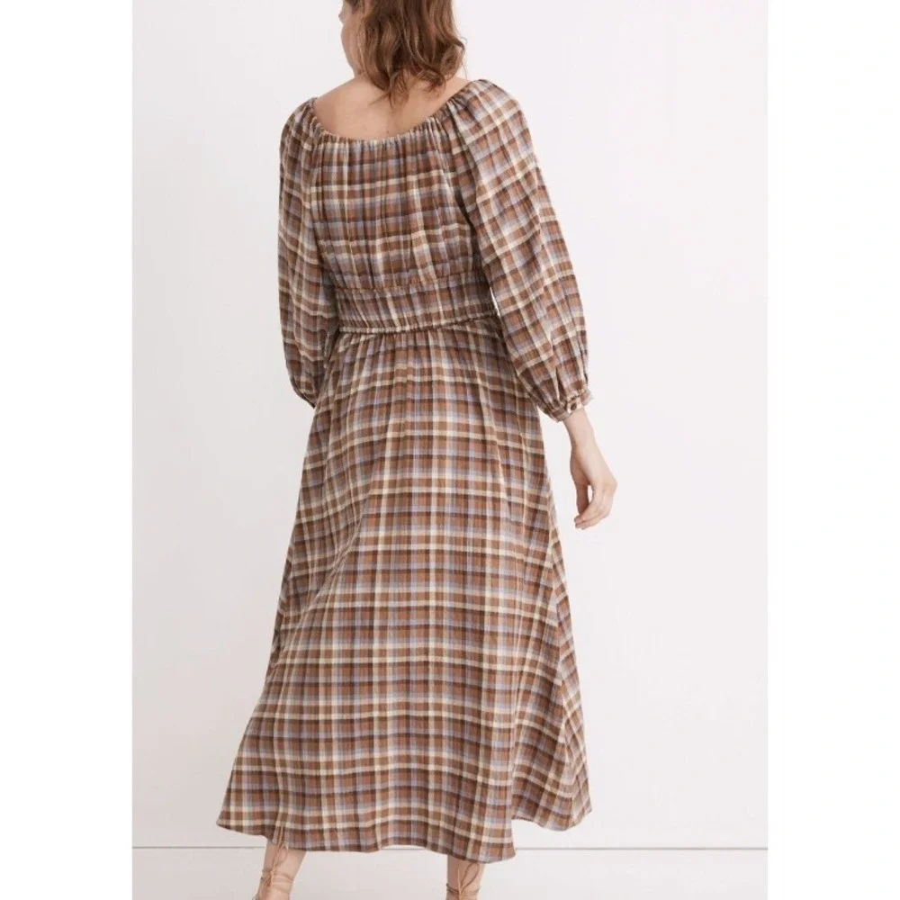 Madewell Brown Plaid Long Sleeve Midi Dress - Picture 4 of 8